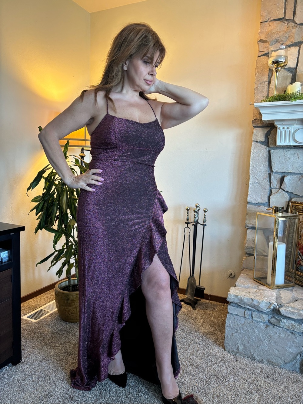Crystal Doll Shimmery Plum Ruffle High-Low Dress